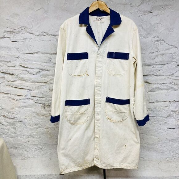 50s 60s Vintage Herringbone HBT Distressed Chore Coat Jacket White Blue Twill - Picture 1 of 15